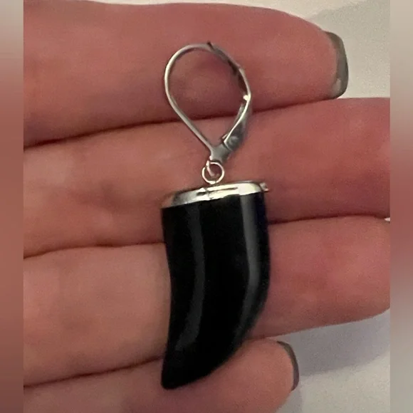 NWOT - Black Tusk Earrings & Stainless Steel Silver Necklace with Huggie & Tusk - Picture 3 of 12